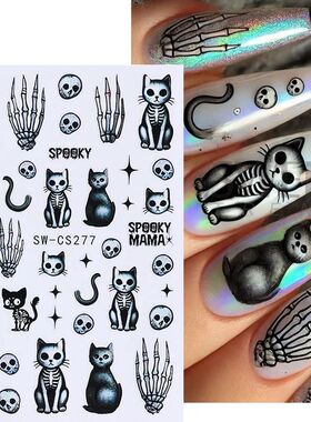 5pcs Halloween Nail Stickers Cartoon Cat Ghost Skull Hand De
