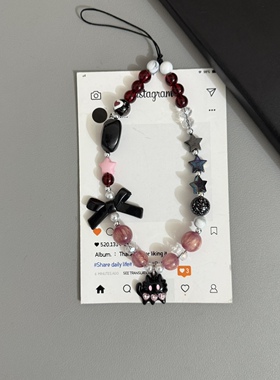 GIF哥特暗黑系Y2K黑色蝴蝶结黑猫串珠链钥匙扣挂件适用手机壳配饰