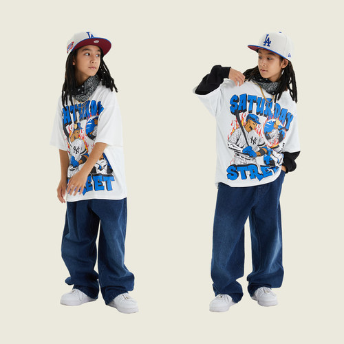 儿童嘻哈街舞演出服T恤套装爵士潮服男童女童hiphop表演服装夏季 - 图2