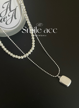 韩国新款拉丝方块吊坠双层珍珠项链女ins小众设计感轻奢锁骨链