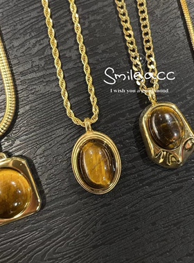 Smile韩国定制 虎眼石琥珀色吊坠项链女 ins网红个性叠搭配饰