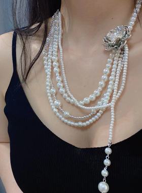 时尚金属花朵多层珍珠流苏项链优雅淑女轻奢气质ins风锁骨链新款
