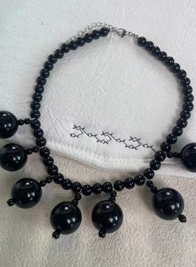 复古欧美风黑色圆珠流苏项链耳环甜酷辣妹时尚轻奢高级感饰品新款