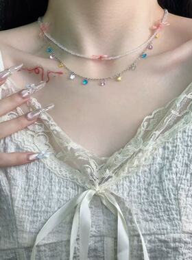 小清新彩色水晶蝴蝶结串珠项链甜美可爱优雅淑女小众锁骨链新款潮