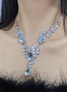 奢华高级超闪水钻水滴流苏项链耳环套装时尚优雅名媛气质礼服配饰