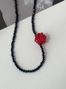 清新精致水晶花朵黑色串珠水滴项链时尚简约百搭轻奢潮流锁骨链潮