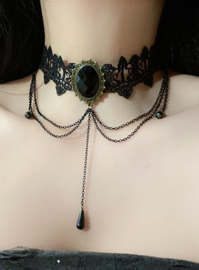 法式复古黑色宝石流苏蕾丝项链时尚高级感优雅小众设计锁骨链新款