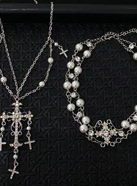 欧美高级感镶钻十字架水钻多层项链个性甜酷辣妹重工轻奢锁骨链女