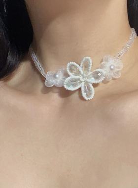 甜美少女感花朵多层水晶串珠项链时尚优雅温柔淑女小众锁骨链女