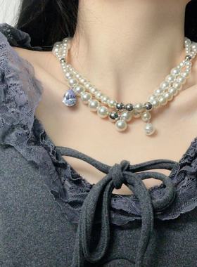 时尚优雅闪锆双层叠戴珍珠项链甜美名媛气质复古潮流锁骨链颈链