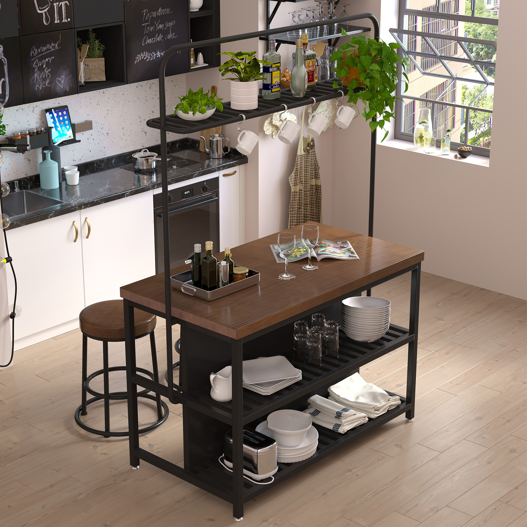 开放式厨房中岛台可移动料理台餐边柜吧台一体桌铁艺实木置物柜