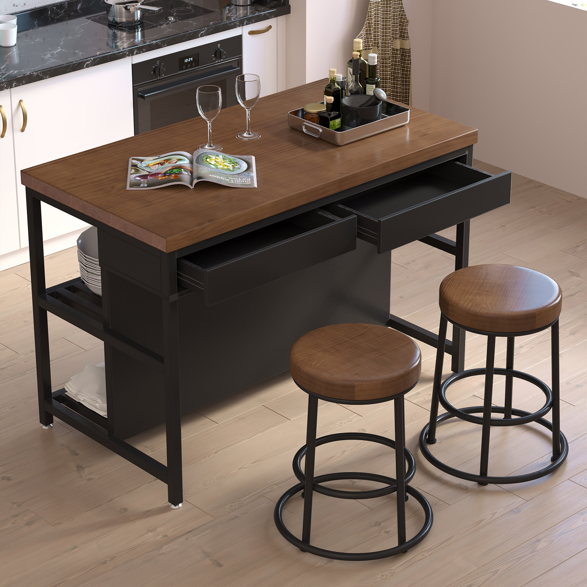 开放式厨房中岛台可移动料理台餐边柜吧台一体桌铁艺实木置物柜