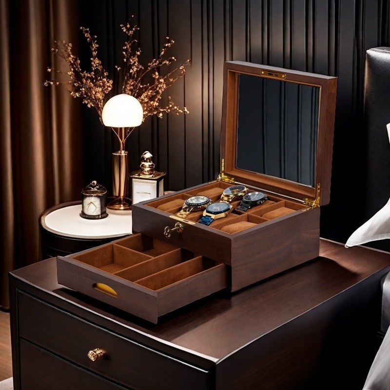 高级款烤漆黑胡桃纹8位手表盒高端带锁珠宝首饰收纳展示包装盒子,淘宝优惠券,粉丝福利购,淘宝优惠卷