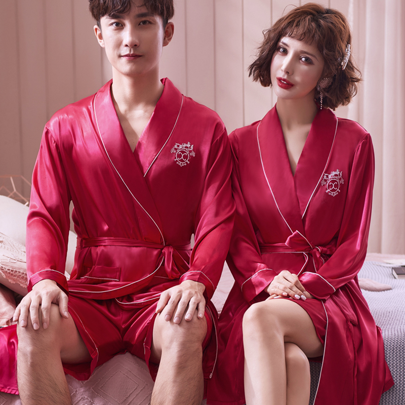乐姿梦旗舰店春秋新婚情侣睡袍女红色结婚冰丝绸睡衣男短裤浴袍两件套装家居服0