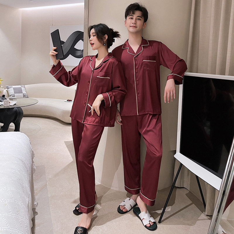 春秋情侣冰丝红色本命年丝绸感睡衣 乐姿梦睡衣/家居服套装