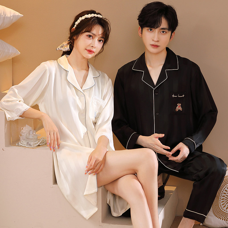 情侣睡衣一男一女冰丝春秋款夏季开衫条纹性感睡裙高级感两件套装,淘宝优惠券,粉丝福利购,淘宝优惠卷