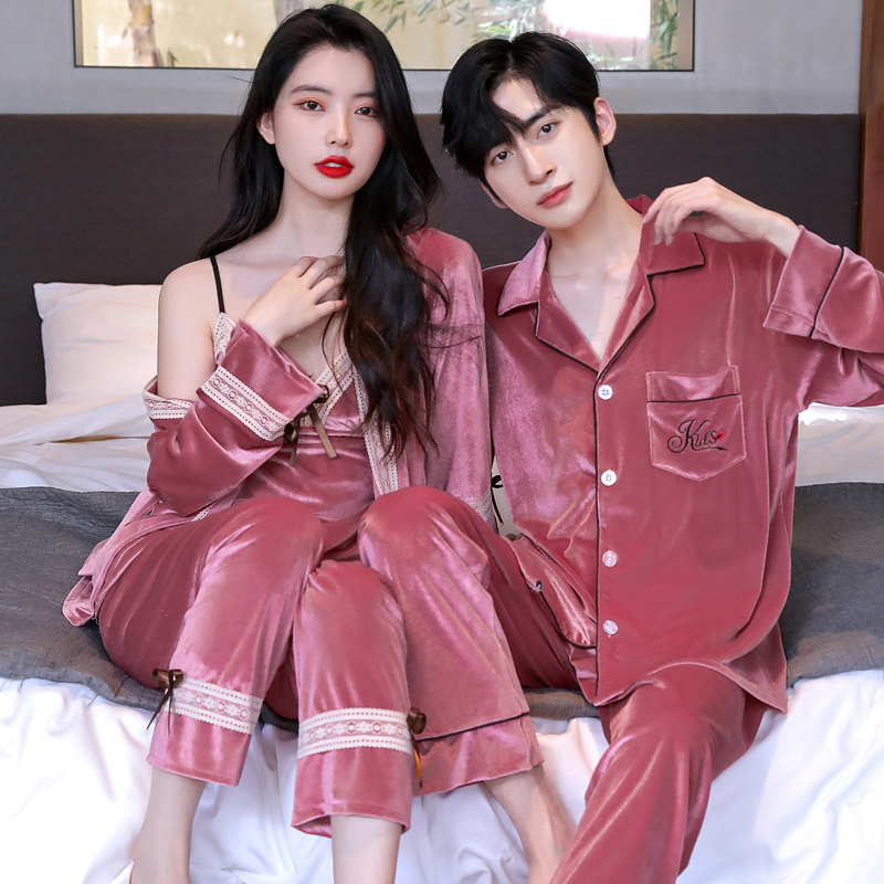 乐姿梦秋冬季情侣睡衣女性感金丝绒三件套红色结婚新婚男士家居服,淘宝优惠券,粉丝福利购,淘宝优惠卷