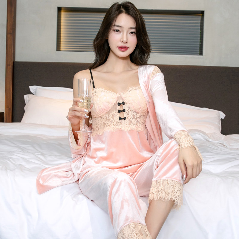 春秋冬季金丝绒情侣睡衣女性感吊带长袖长裤三件套家居服男款套装,淘宝优惠券,粉丝福利购,淘宝优惠卷