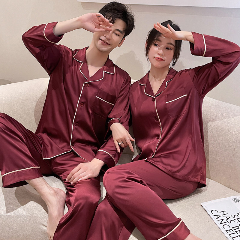 春秋情侣冰丝红色本命年丝绸感睡衣 乐姿梦睡衣/家居服套装