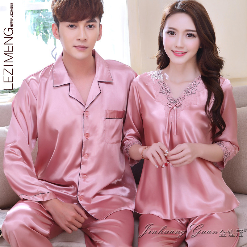 乐姿梦旗舰店情侣睡衣女春秋夏季冰丝天性感长袖两件套男士家居服仿真丝绸套装2