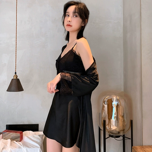 Сексуальная осенняя демисезонная шелковая тонкая пижама, кружевной банный халат, комплект, эффект подтяжки