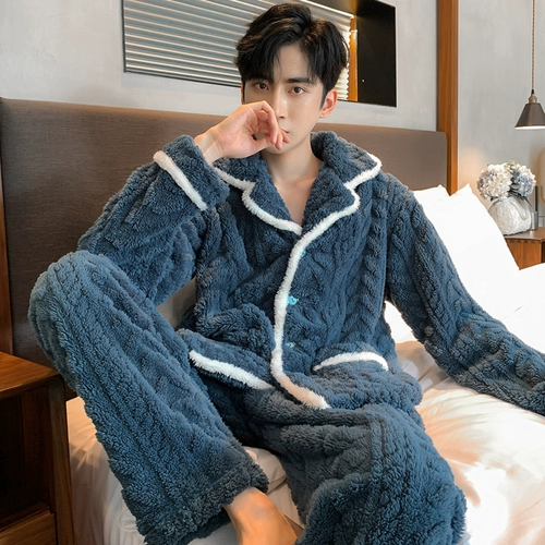 Мужская демисезонная фланелевая пижама, кардиган, лонгслив, коралловый комплект, в корейском стиле