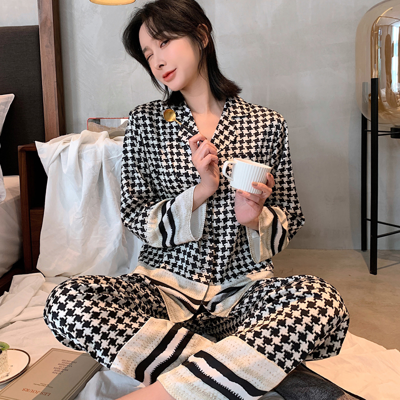 乐姿梦旗舰店情侣睡衣女春秋季薄款冰丝质长袖家居服千鸟格男士丝绸可外穿套装3