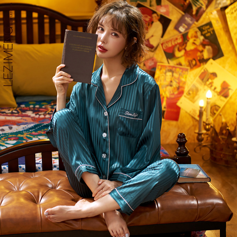 乐姿梦旗舰店睡衣女长袖冰丝春秋季韩版女士薄款加大码仿真丝绸家居服两件套装1