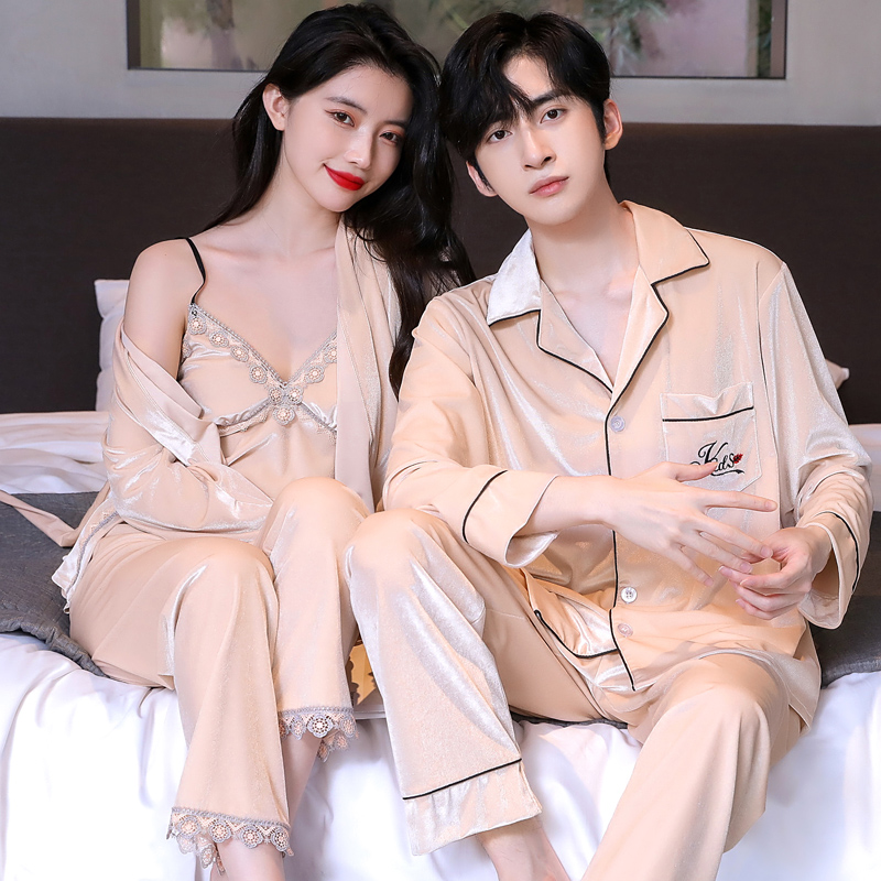 乐姿梦旗舰店乐姿梦秋冬季新款金丝绒情侣睡衣女性感三件套男士长袖韩版家居服0