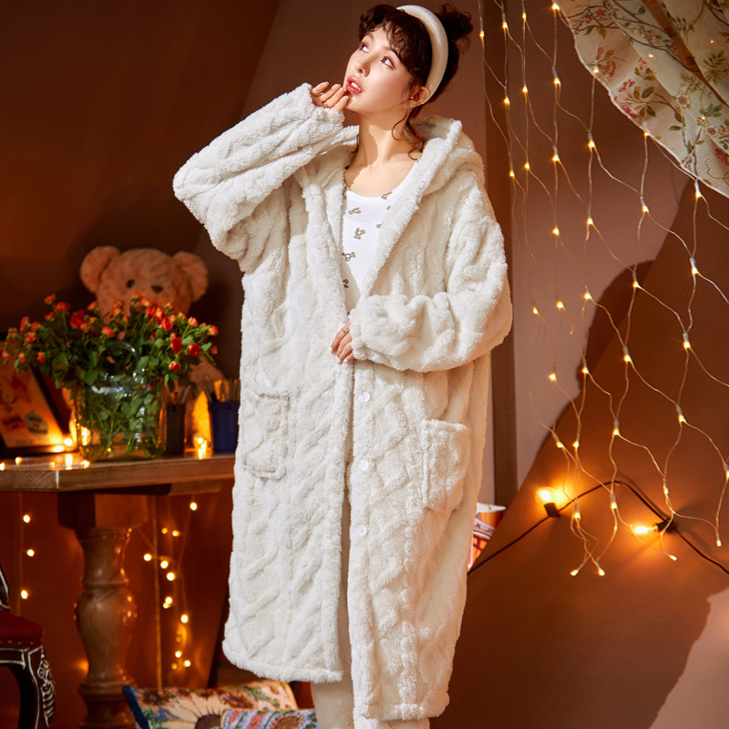 乐姿梦旗舰店乐姿梦法兰绒秋冬季中长款睡袍女长袖开衫连帽款珊瑚绒睡衣家居服1