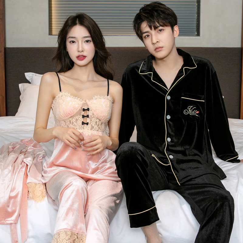 春秋冬季金丝绒情侣睡衣女性感吊带长袖长裤三件套家居服男款套装,淘宝优惠券,粉丝福利购,淘宝优惠卷