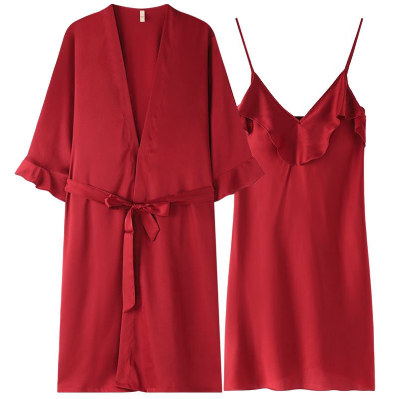乐姿梦旗舰店乐姿梦情侣睡衣夏季冰丝红色女新娘晨袍吊带睡裙结婚新婚套装男士0