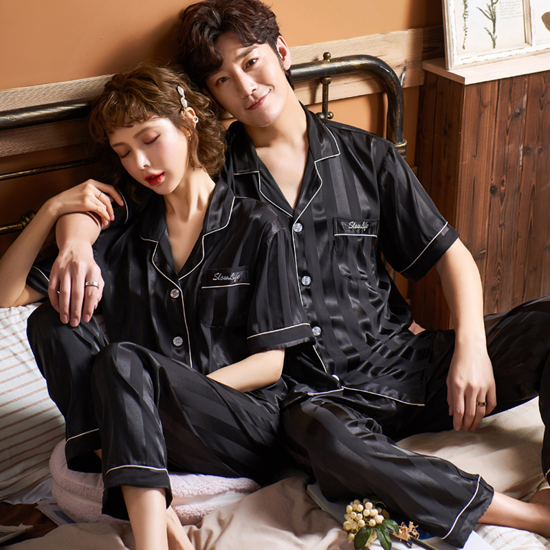 乐姿梦旗舰店情侣睡衣女春秋款冰丝短袖韩版夏季薄款男士仿真丝绸空调房家居服2