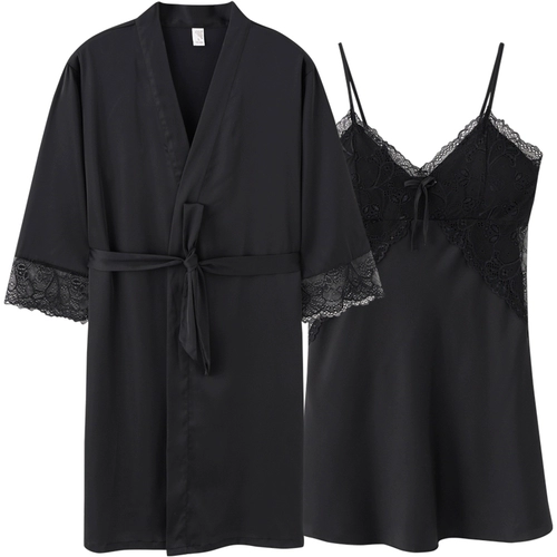 Сексуальная осенняя демисезонная шелковая тонкая пижама, кружевной банный халат, комплект, эффект подтяжки