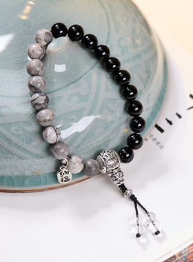 中国风情侣地图石黑玛瑙手串平安顺遂吉祥如意文创寺庙同款手链