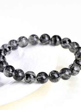 久雅水晶 天然粗发黑发晶圆珠手链 粗发黑钛晶散珠手串 批发