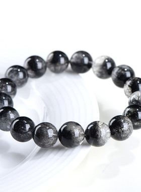 久雅水晶 天然7A级黑发晶聚宝盆圆珠手链 黑色聚宝盆发晶散珠手串