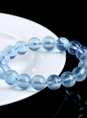 久雅水晶 天然果冻体海蓝宝圆珠手链 海蓝宝透体散珠手串 批发