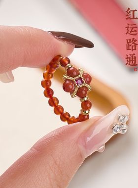 原创设计天然红玛瑙虎眼石戒指四叶草新中式高级感情侣戒子批发