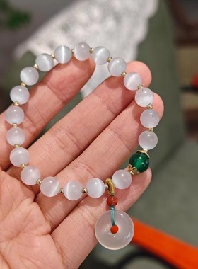 国潮猫眼石串珠手链女ins小众设计平安扣莲花吊坠珠子手串手饰品