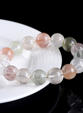 久雅水晶 天然多少钢丝彩兔毛圆珠手链 七彩兔毛硬发手串 批发