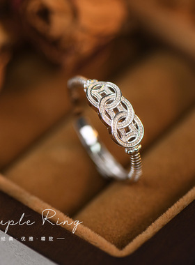 S925纯银复古钱币戒指女招财聚财个性设计感简约小众开口转运指环