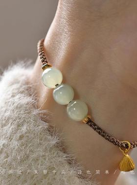 手工编织和田玉髓好运珠古法沙金莲蓬手链本命年女款红绳手绳礼物