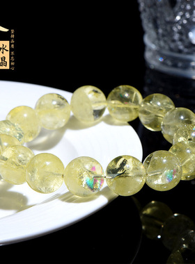 久雅水晶 天然七彩黄水晶圆珠手链 阿赛斯特莱黄水晶彩虹手串批发