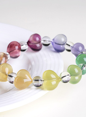 久雅水晶 天然彩色萤石屁桃爱心手链  多色萤石爱心屁股手串 批发