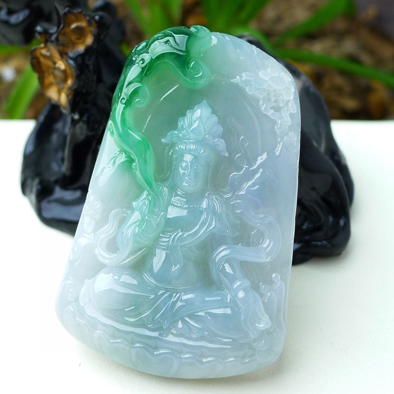 缅甸天然A货玉石翡翠挂件老坑飘绿色观音菩萨吊坠 - 图2