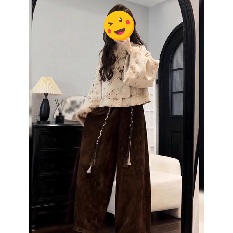 2025冬季新中式时尚花色保暖外套搭配高腰遮胯休闲裤中国风两件套,淘宝优惠券,粉丝福利购,淘宝优惠卷