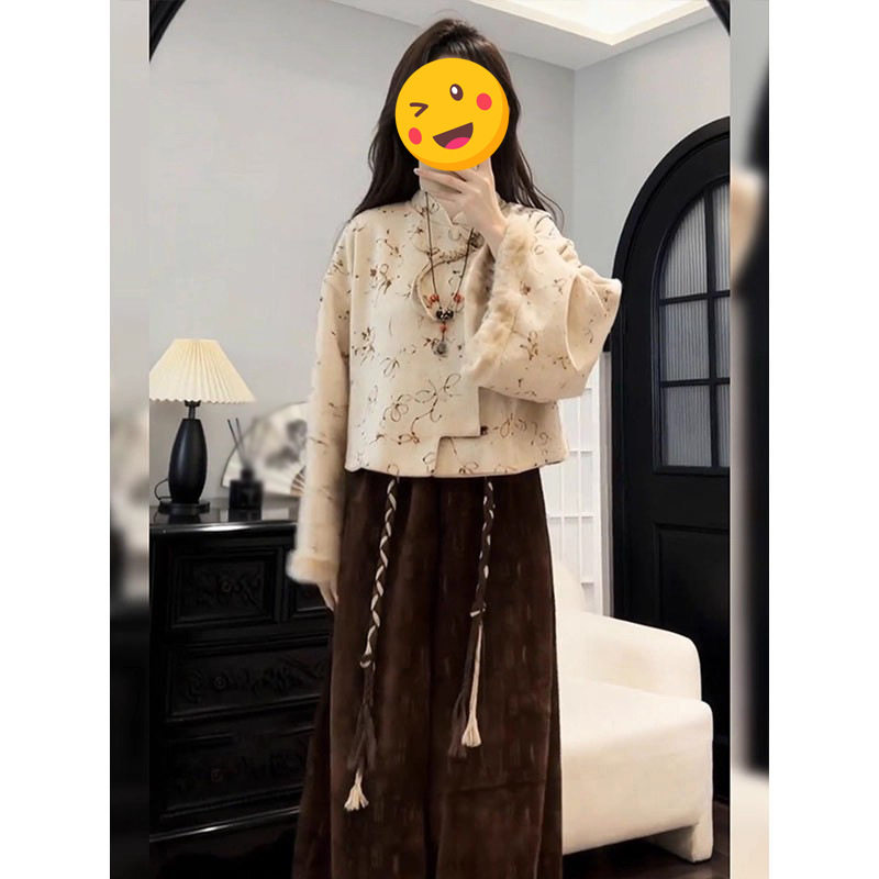 2025冬季新中式时尚花色保暖外套搭配高腰遮胯休闲裤中国风两件套,淘宝优惠券,粉丝福利购,淘宝优惠卷