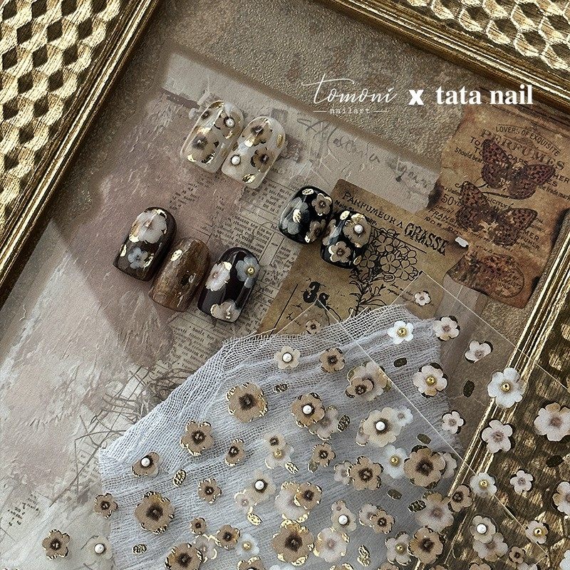 复古风黑金小花美甲贴纸烫金铆钉珍珠五瓣花朵百搭5d指甲贴纸饰品,淘宝优惠券,粉丝福利购,淘宝优惠卷