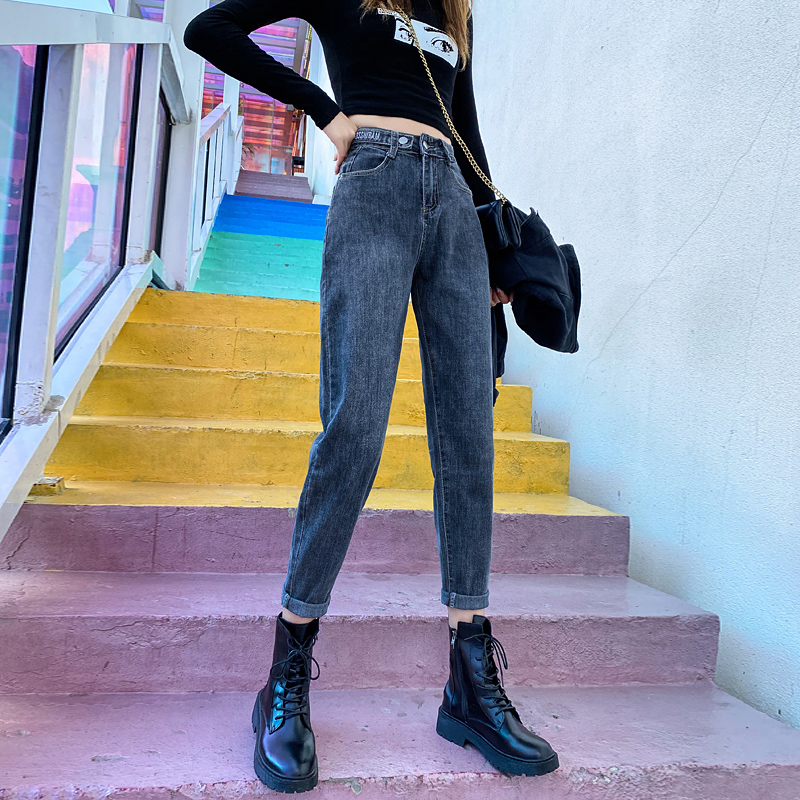 秋装烟灰色高腰老爹萝卜直筒牛仔裤 黛友牛仔裤